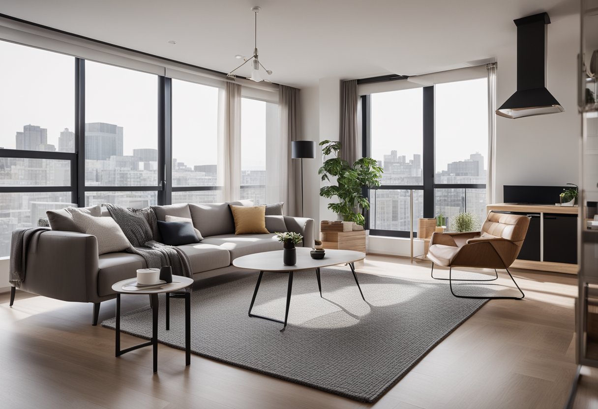 A modern, fully-furnished apartment with sleek, minimalist design. Large windows let in natural light, showcasing the stylish and functional furniture