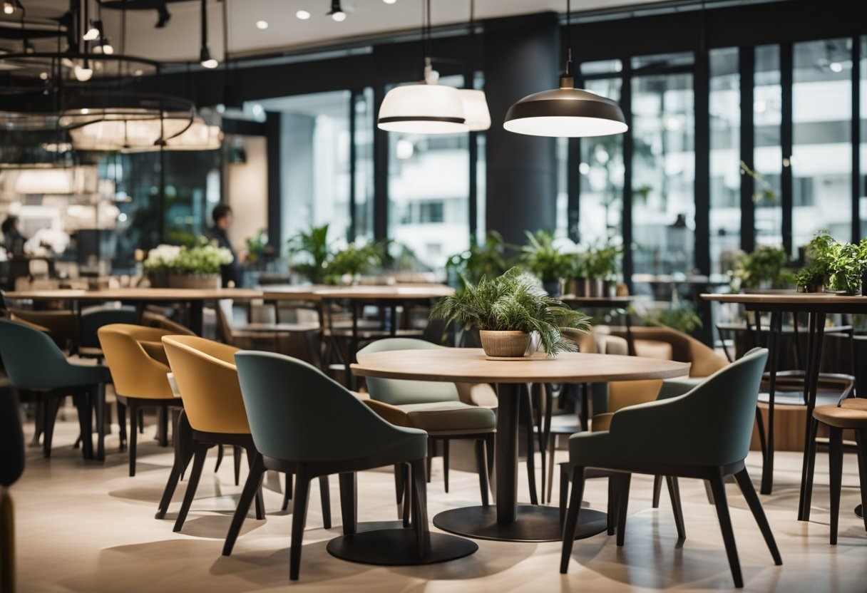 A designer arranging stylish chairs and tables in a modern Singapore café