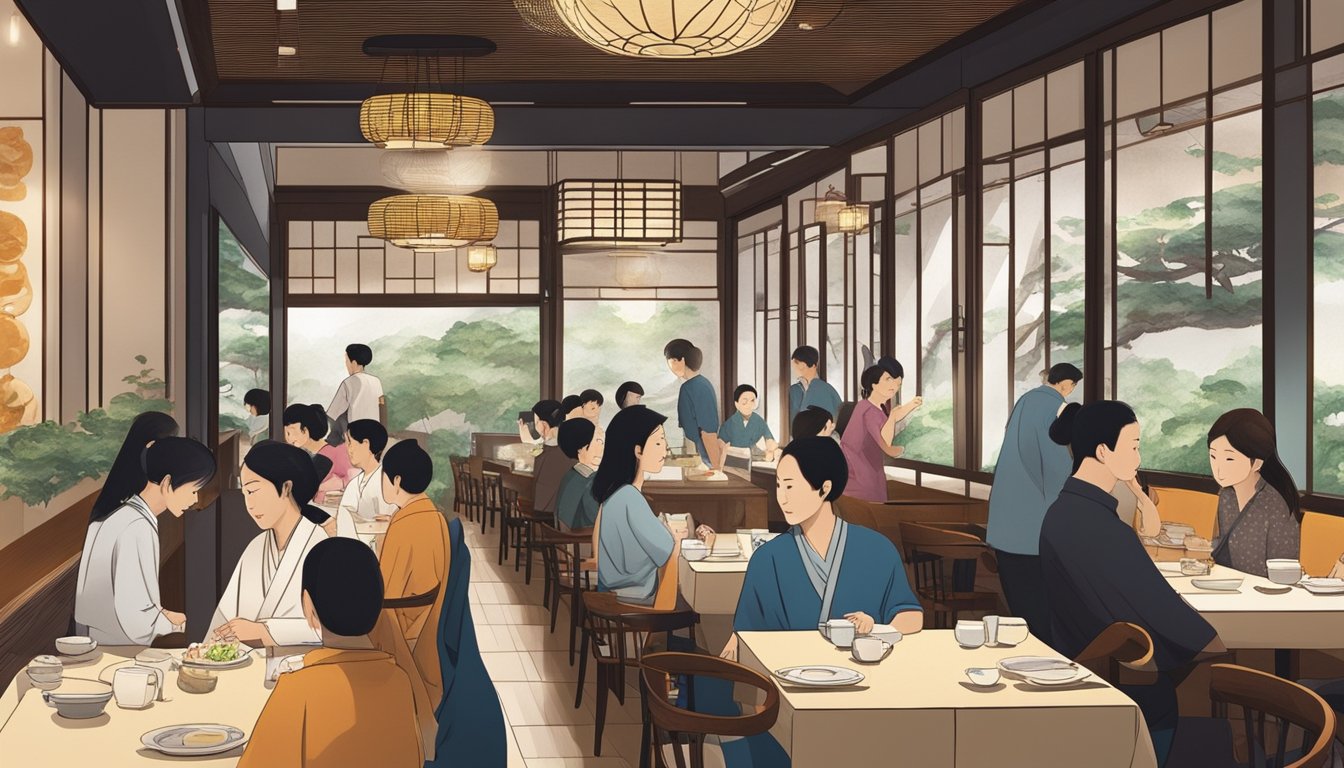 A bustling Japanese restaurant in Singapore with customers enjoying their meals and servers attending to their needs. The decor is modern and elegant, with traditional Japanese elements incorporated throughout the space
