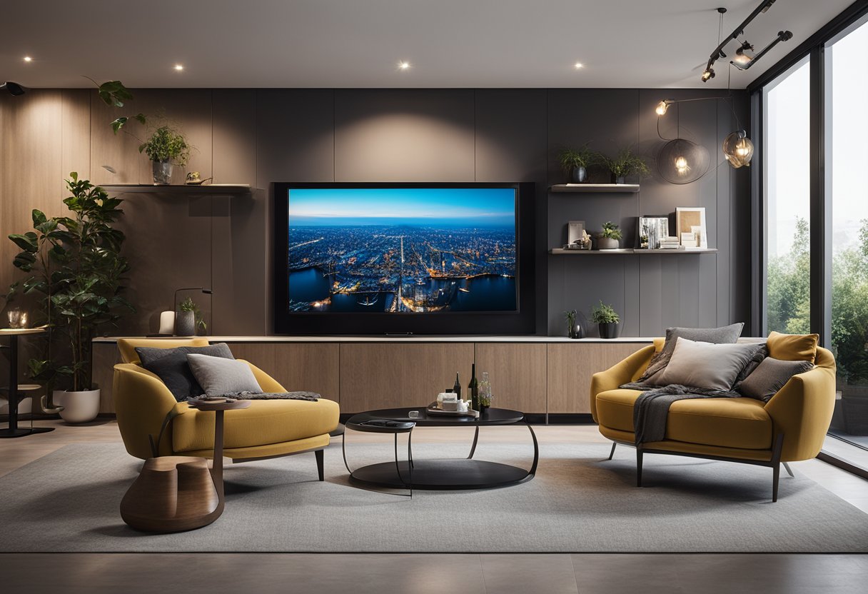 A modern living room with a large LCD wall design as the focal point. Comfortable seating and stylish decor complete the space