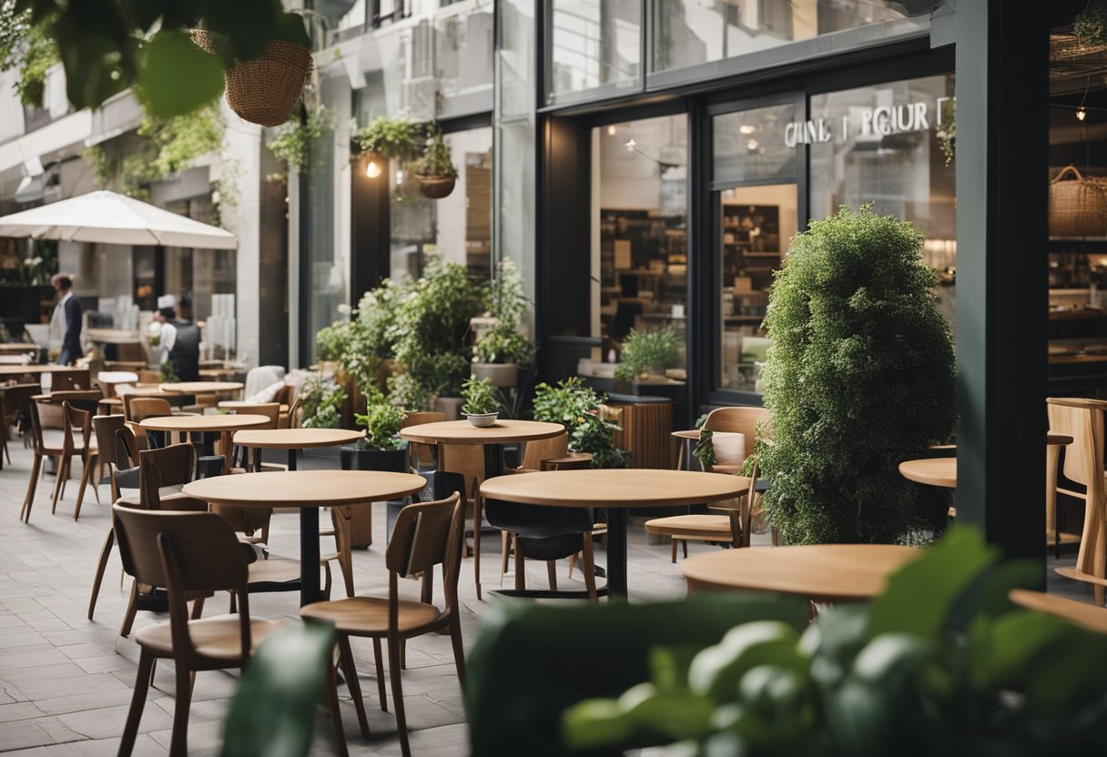 A café with durable, eco-friendly furniture arranged neatly. Plants and recycling bins are visible, and a maintenance worker is seen fixing a chair