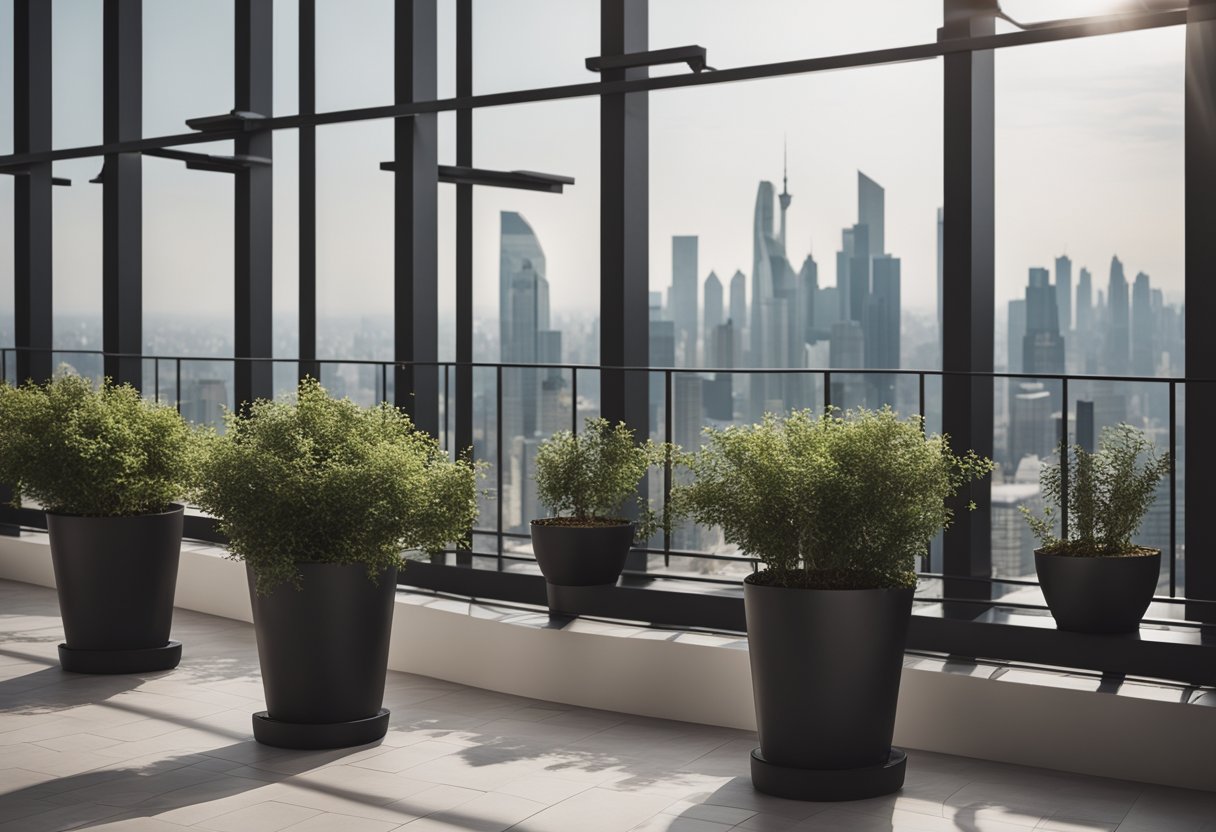 A modern, minimalist 3 feet balcony with sleek metal railings and potted plants. The view overlooks a bustling cityscape with skyscrapers in the distance