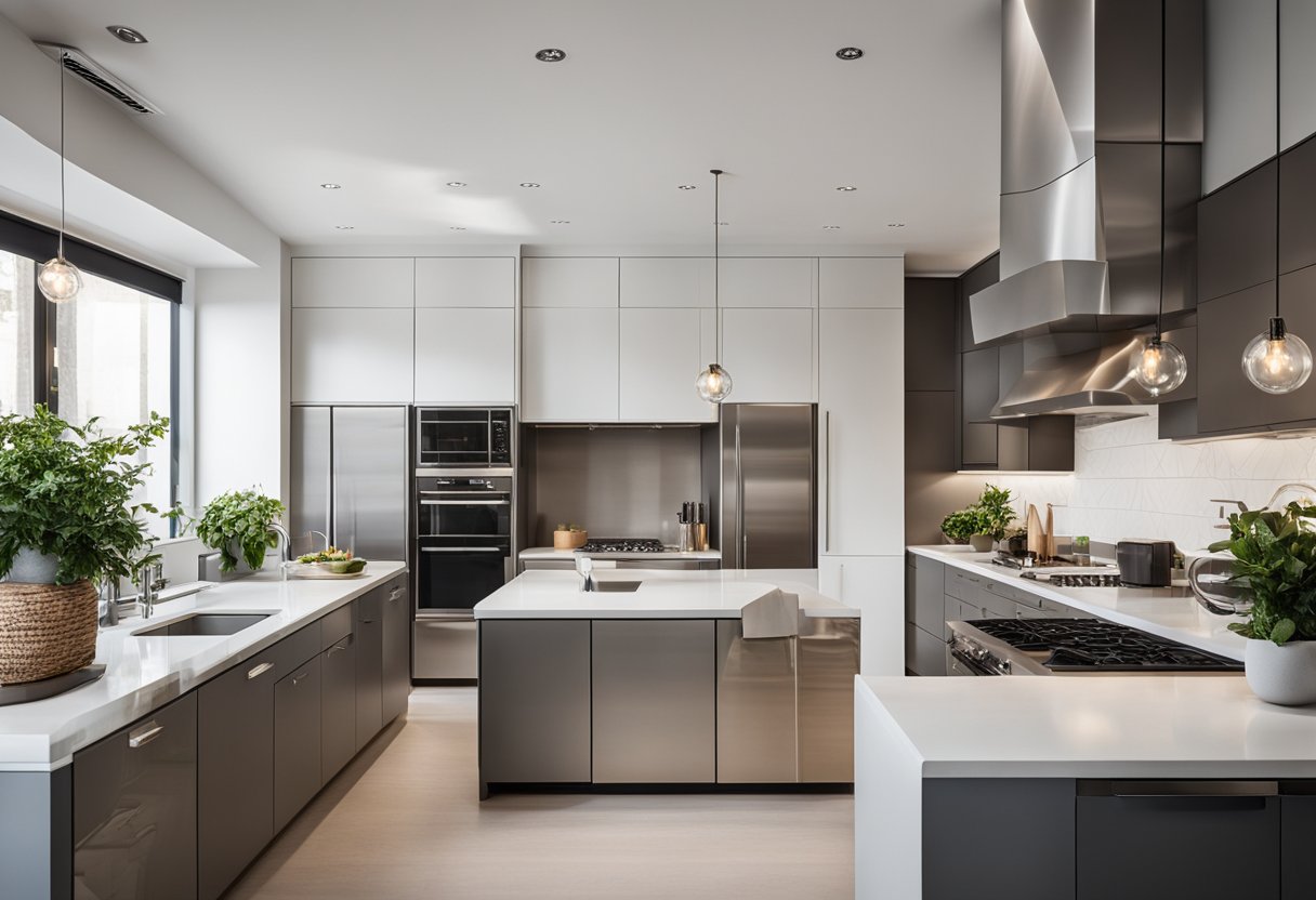 The kitchen is modern with sleek, minimalist design. It features clean lines, neutral colors, and stainless steel appliances. The open layout allows for easy movement and socializing
