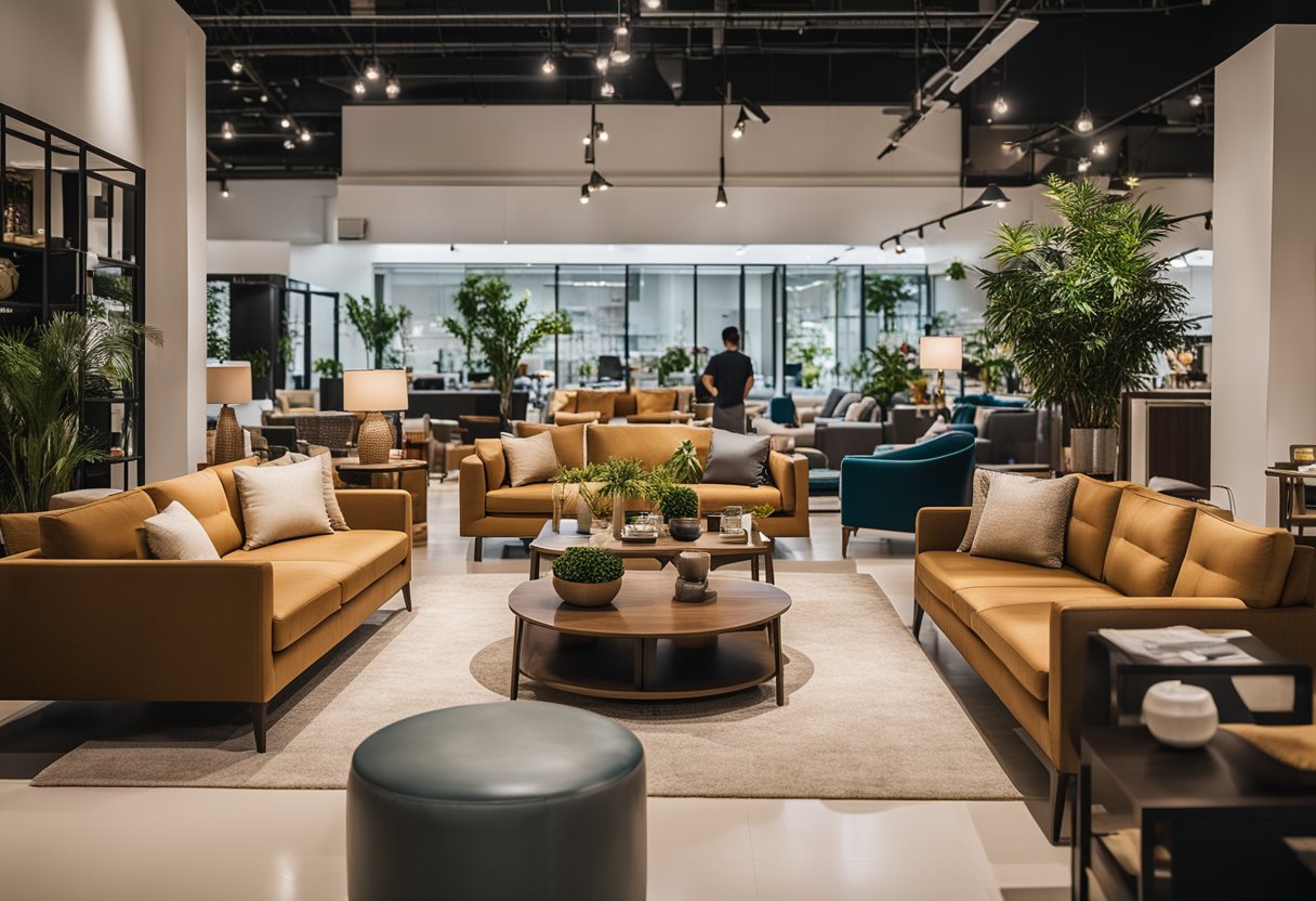 A bustling expat furniture rental showroom in Singapore, with customers browsing and staff assisting. Displayed items include sofas, tables, and decor
