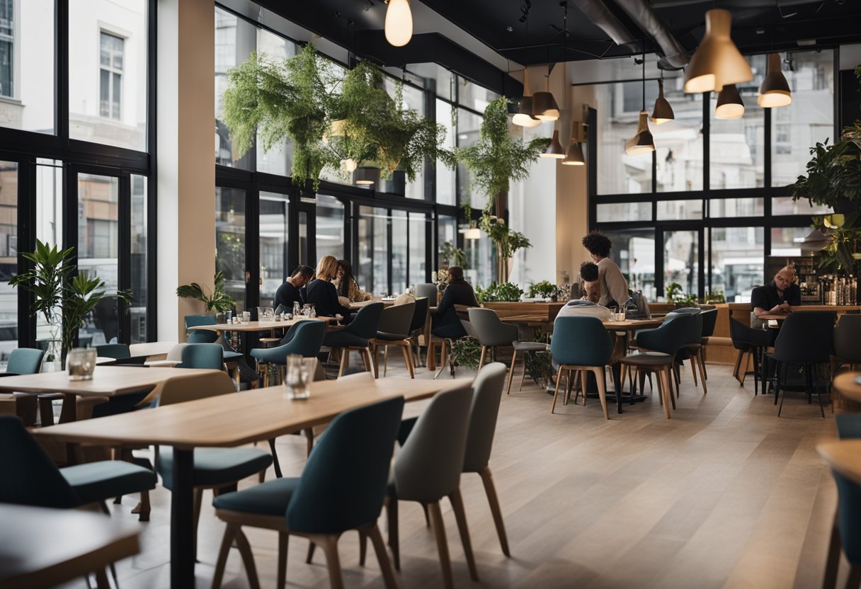 The bustling cafe is filled with modern furniture in sleek designs. Tables and chairs are neatly arranged, while customers chat and sip on their drinks