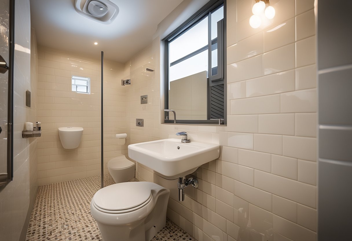 An aged care bathroom being renovated with new tiles, grab bars, and a raised toilet seat