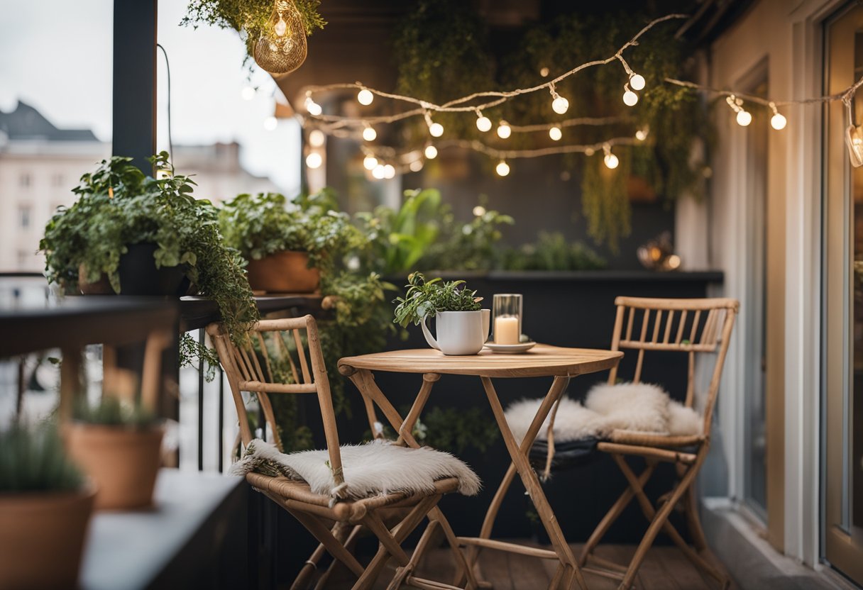A cozy 3-foot balcony with a small bistro table and two chairs. Hanging plants and string lights add a touch of ambiance
