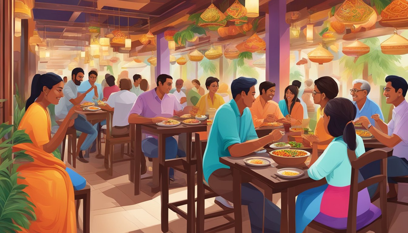 Customers enjoying a vibrant Indian restaurant on Orchard Road, surrounded by colorful spices, sizzling dishes, and the aroma of exotic flavors