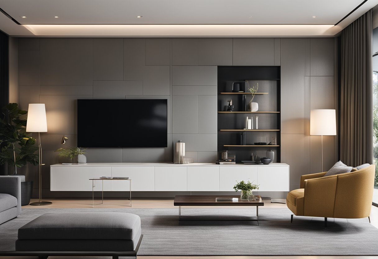 A modern living room with a sleek LCD wall design, featuring tailored details and expert consultation influence