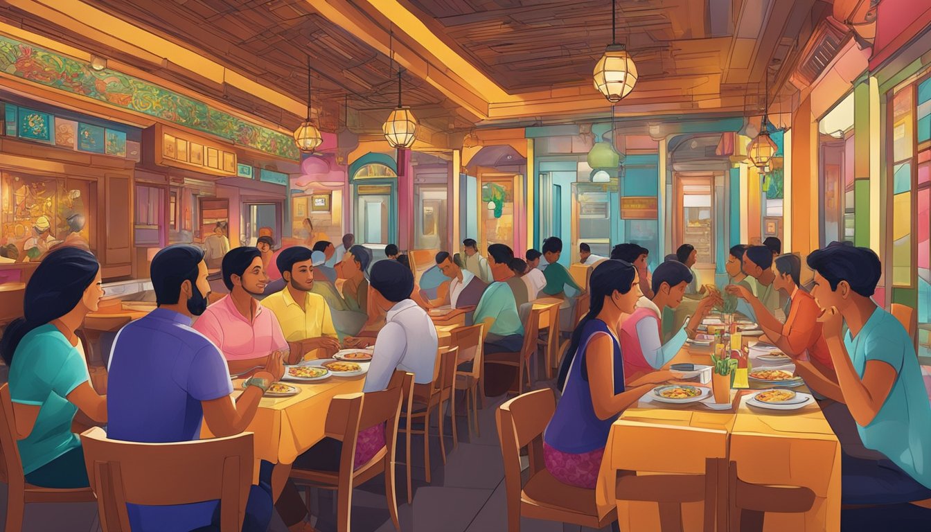 Customers enjoy a meal at an Indian restaurant on Orchard Road, with colorful decor, aromatic spices, and a bustling atmosphere
