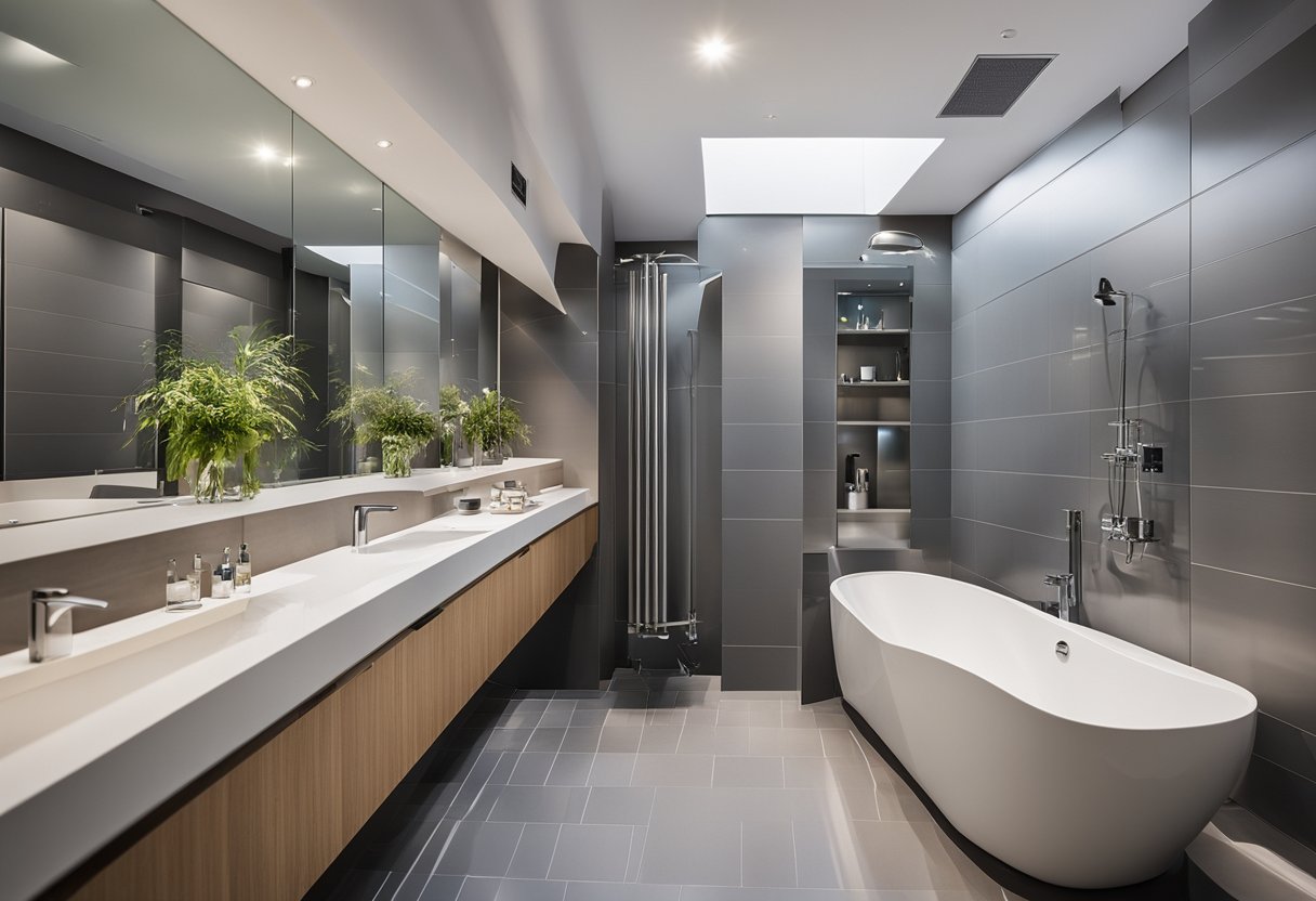 A team of workers installs new fixtures and safety features in a modern, spacious bathroom for aged care residents