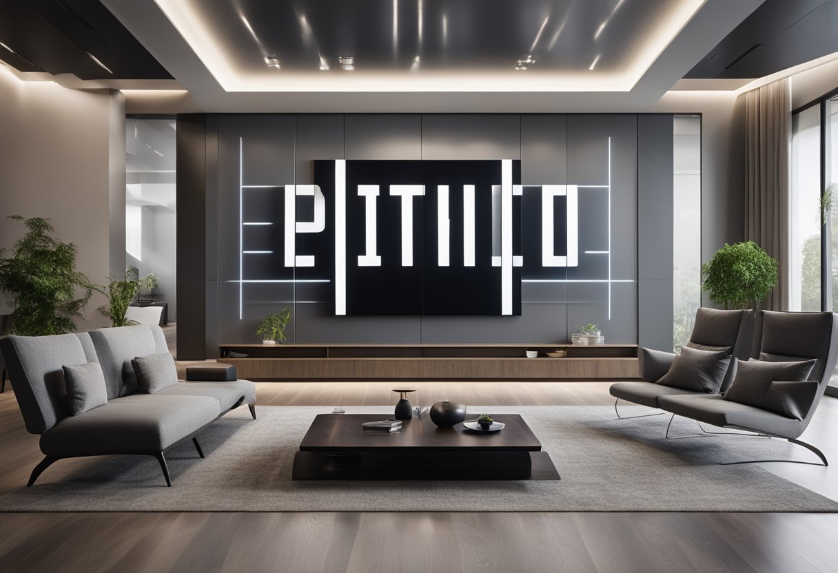 A modern living room with a large LCD wall design displaying frequently asked questions in bold, clear letters