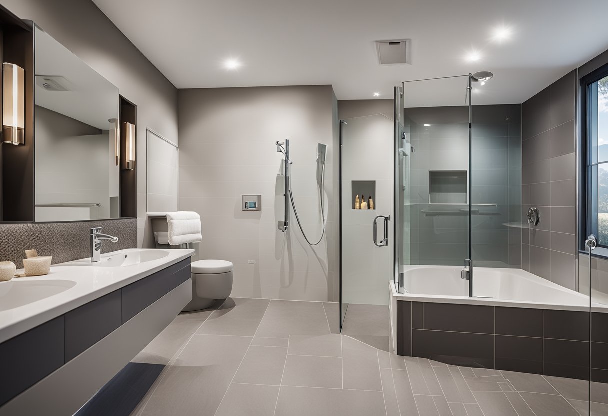 A bathroom being renovated for aged care, with accessible features like grab bars, non-slip flooring, and a walk-in shower