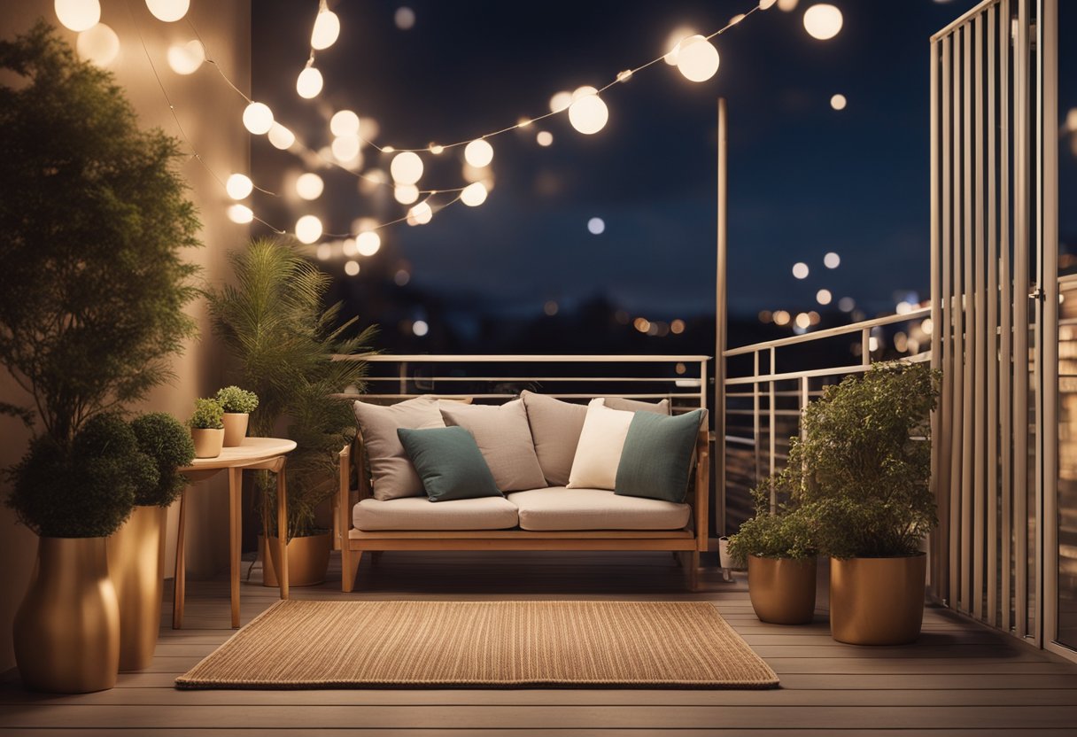 A cozy 3 feet balcony with warm lighting and stylish accessories