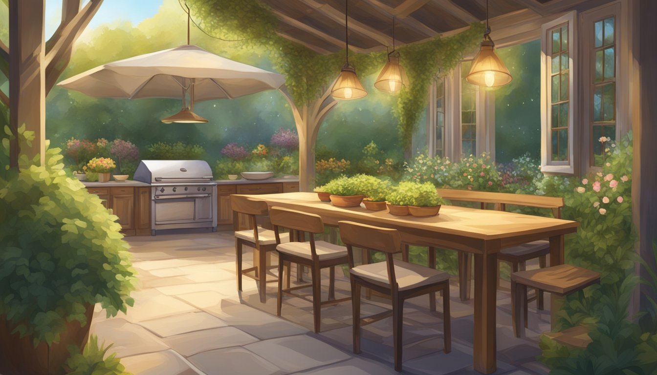 Lush garden surrounds cozy outdoor tables. Soft lighting illuminates the rustic decor. A chef's hat hangs on the open kitchen door