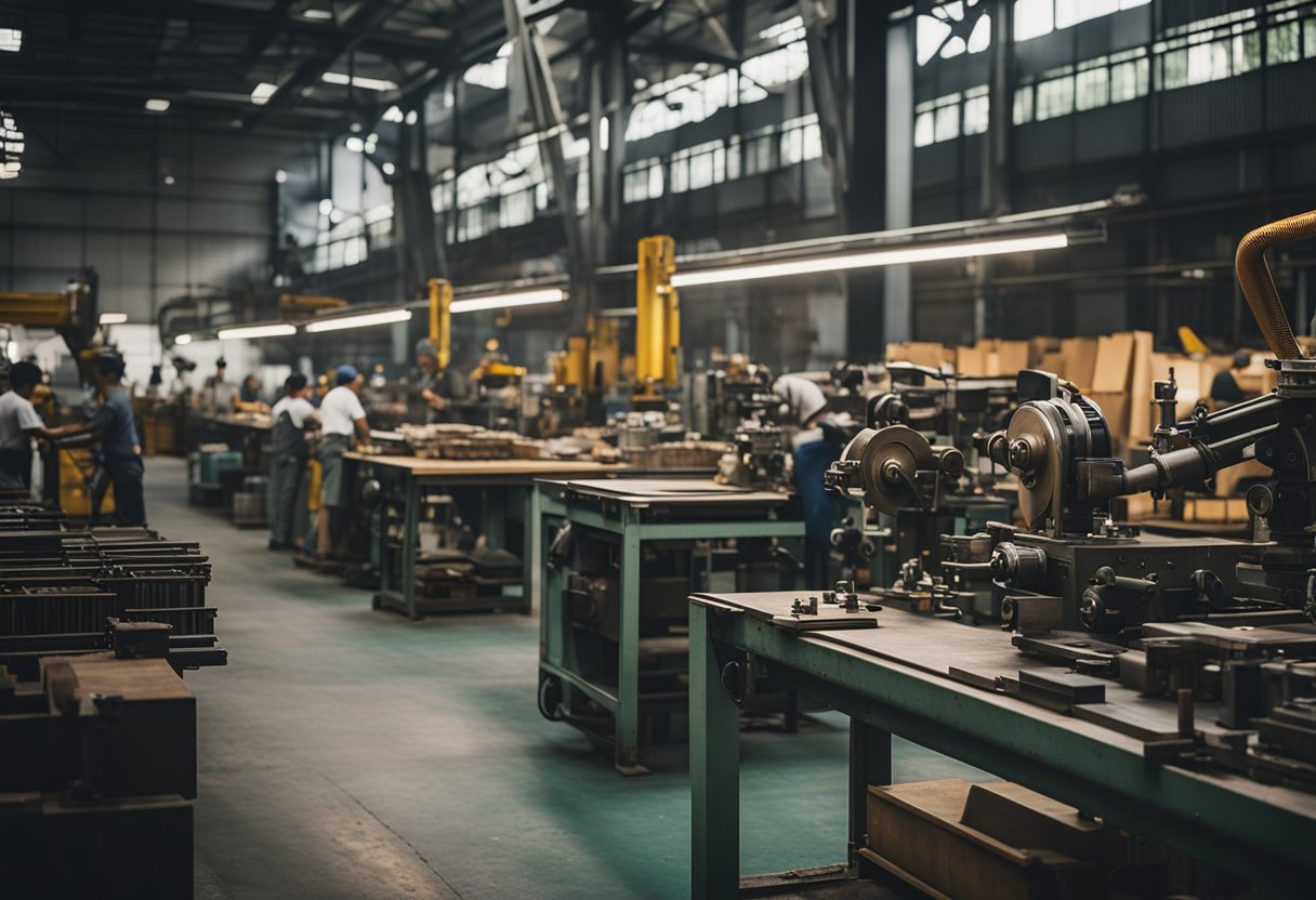 The foundry in Singapore is filled with industrial machinery and raw materials, with workers bustling around to create unique and modern furniture pieces
