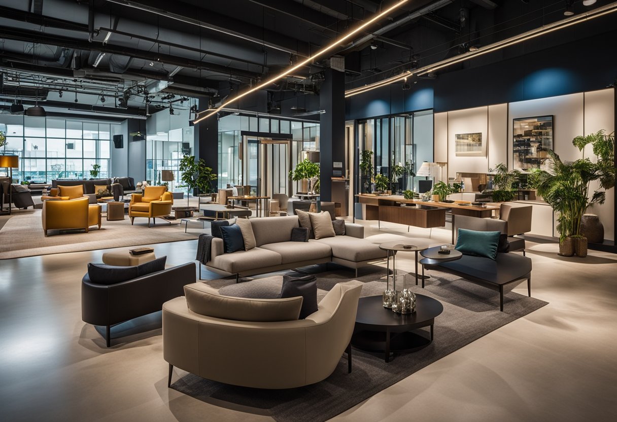 A spacious showroom displaying modern and sleek furniture pieces in Foundry Furniture, Singapore. Bright lights illuminate the elegant displays, creating a welcoming and inviting atmosphere