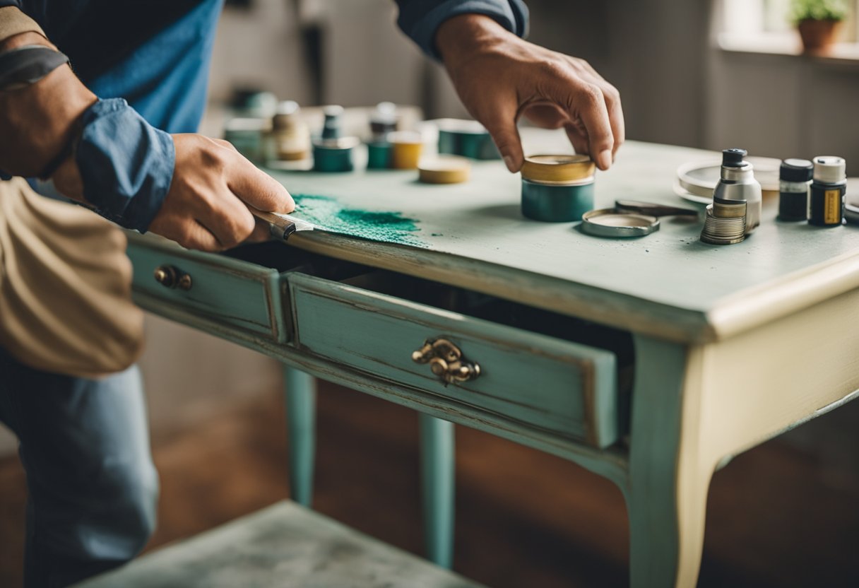 A furniture painter in Singapore carefully applies a fresh coat of paint to a worn-out dresser, transforming it into a beautiful piece