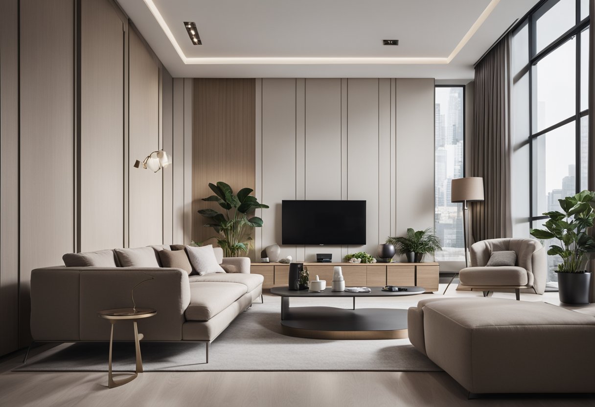 A modern living room with sleek, minimalist furniture from Juz Furniture Singapore. Clean lines, neutral colors, and a cozy ambiance