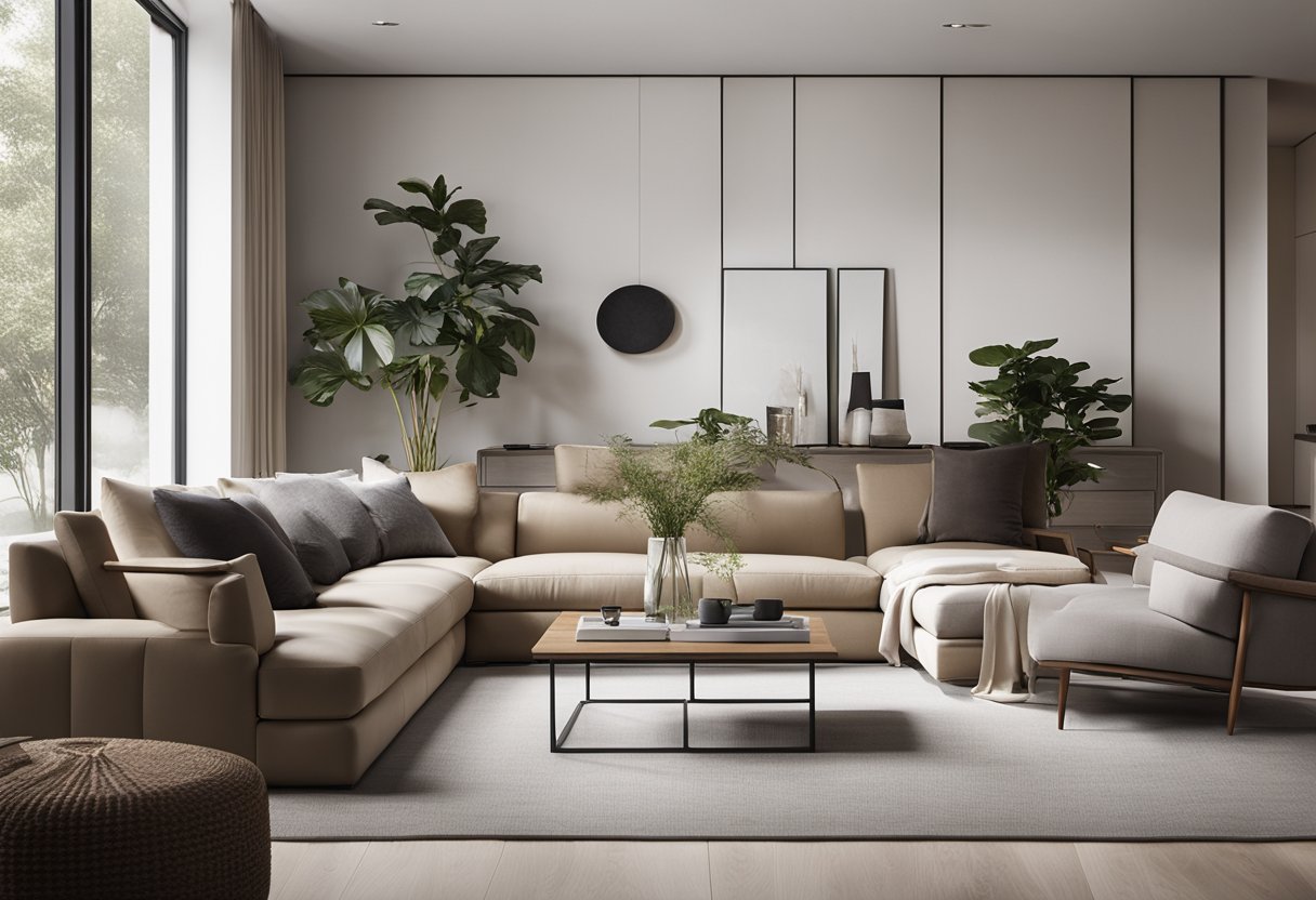 A modern, sleek living room with Juz Interior's furniture. Clean lines, neutral colors, and minimalist decor create a sophisticated and inviting space