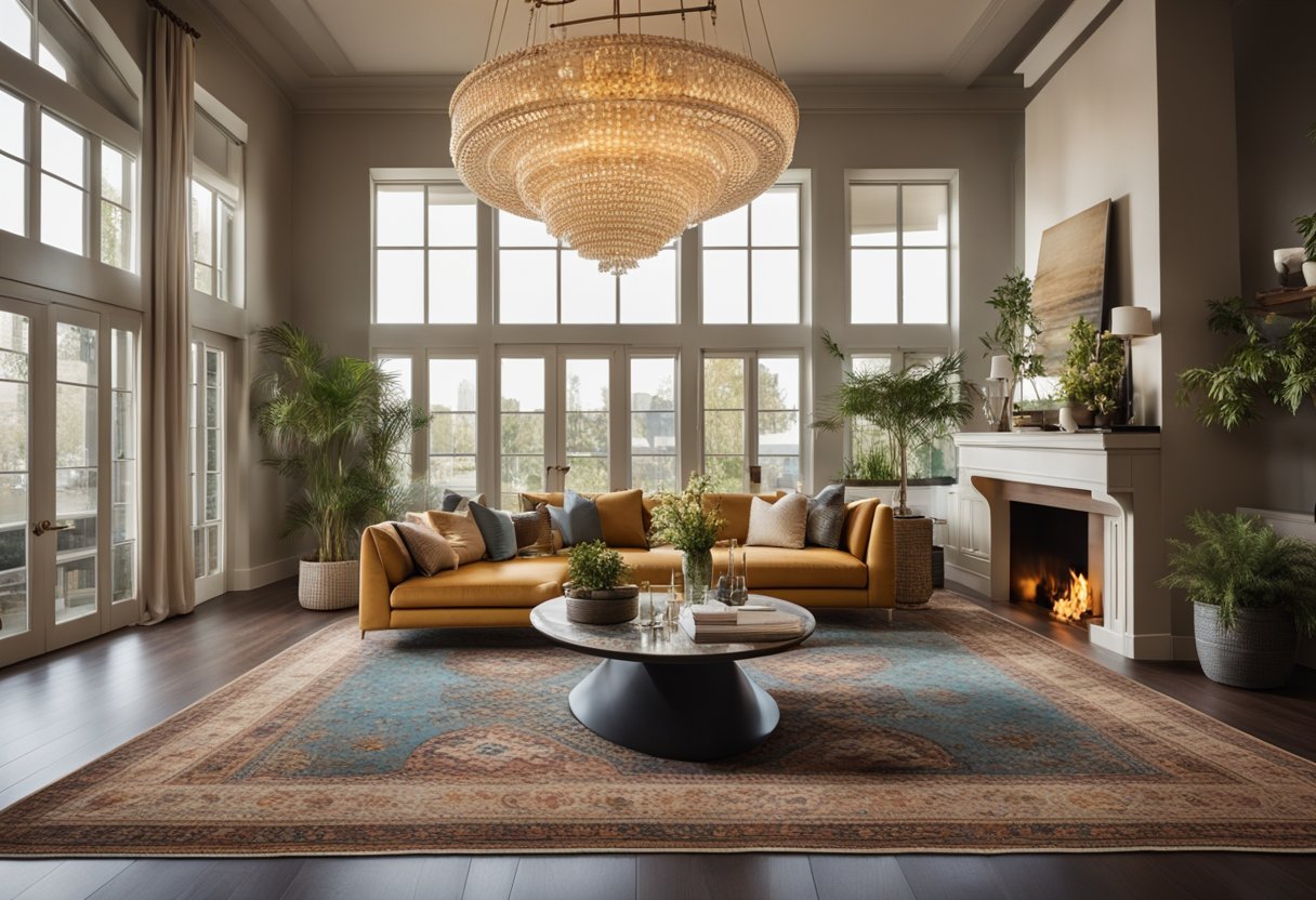 A sunlit living room with elegant furniture and a cozy fireplace. A large, colorful rug covers the floor, and a stunning chandelier hangs from the ceiling