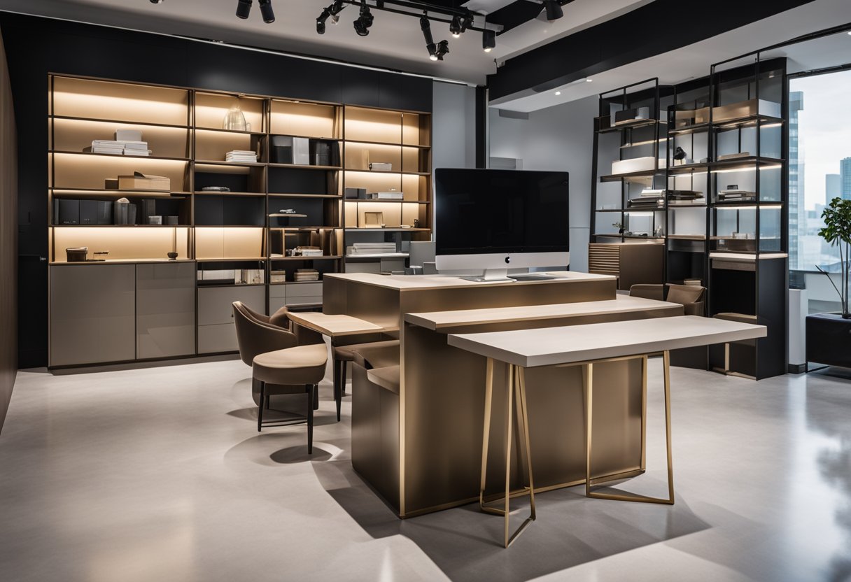 A modern, minimalist furniture showroom in Singapore with sleek, industrial design pieces and a customer service desk for inquiries