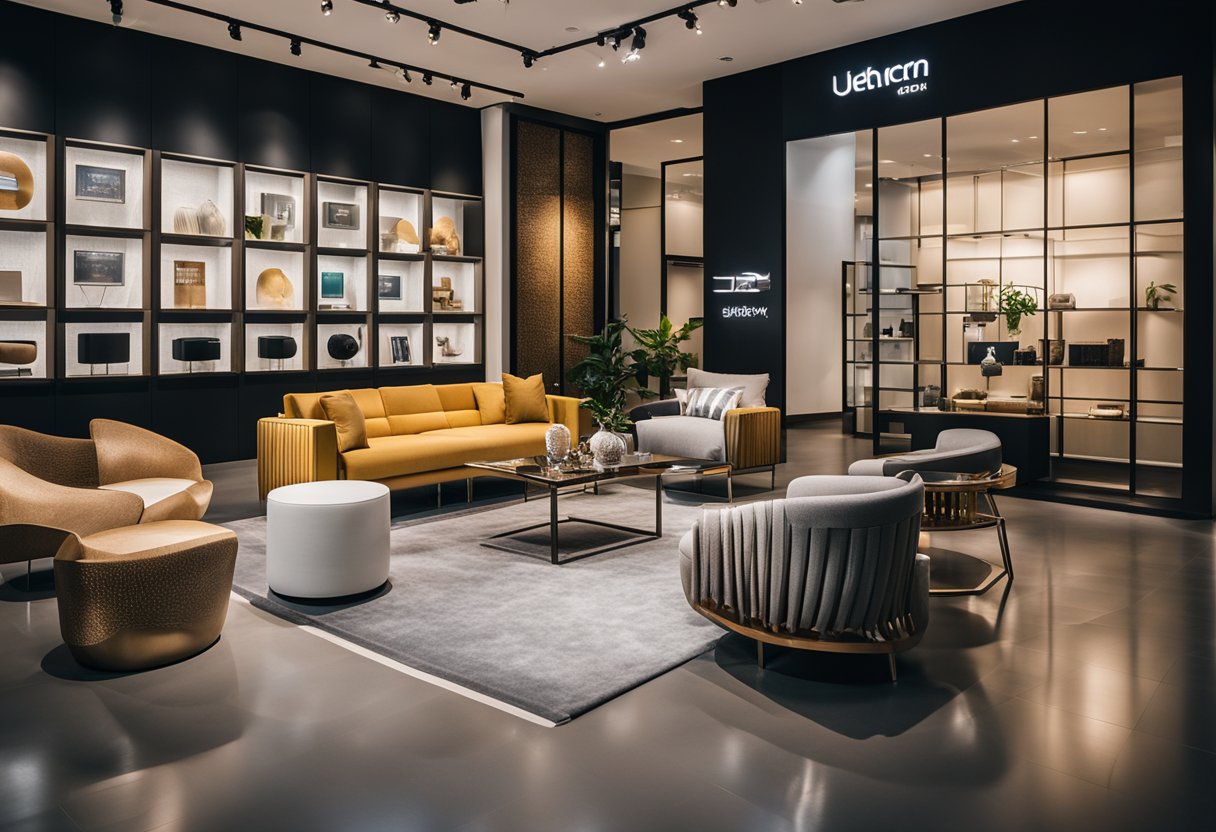 A modern showroom with sleek furniture displays, branded signage, and a welcoming ambiance at Juz Interior in Singapore