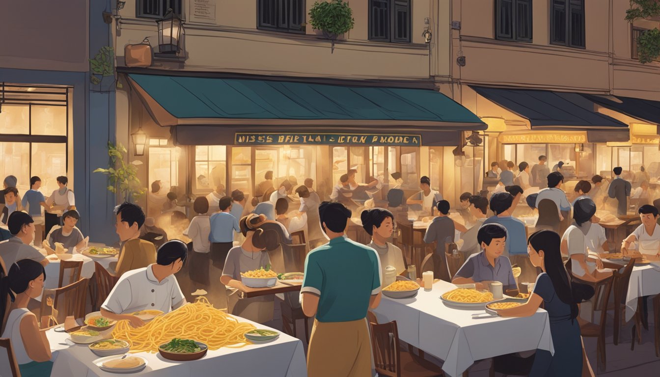 A bustling pasta restaurant in Singapore, with steaming pots of pasta, chefs tossing noodles, and diners savoring their meals at candlelit tables