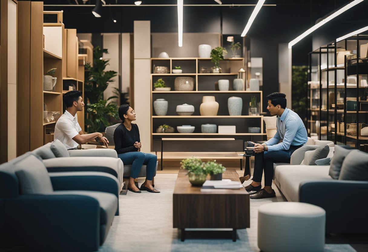 A customer browsing through a variety of modern furniture at a Juz Furniture store in Singapore, while a staff member assists another customer with their inquiries