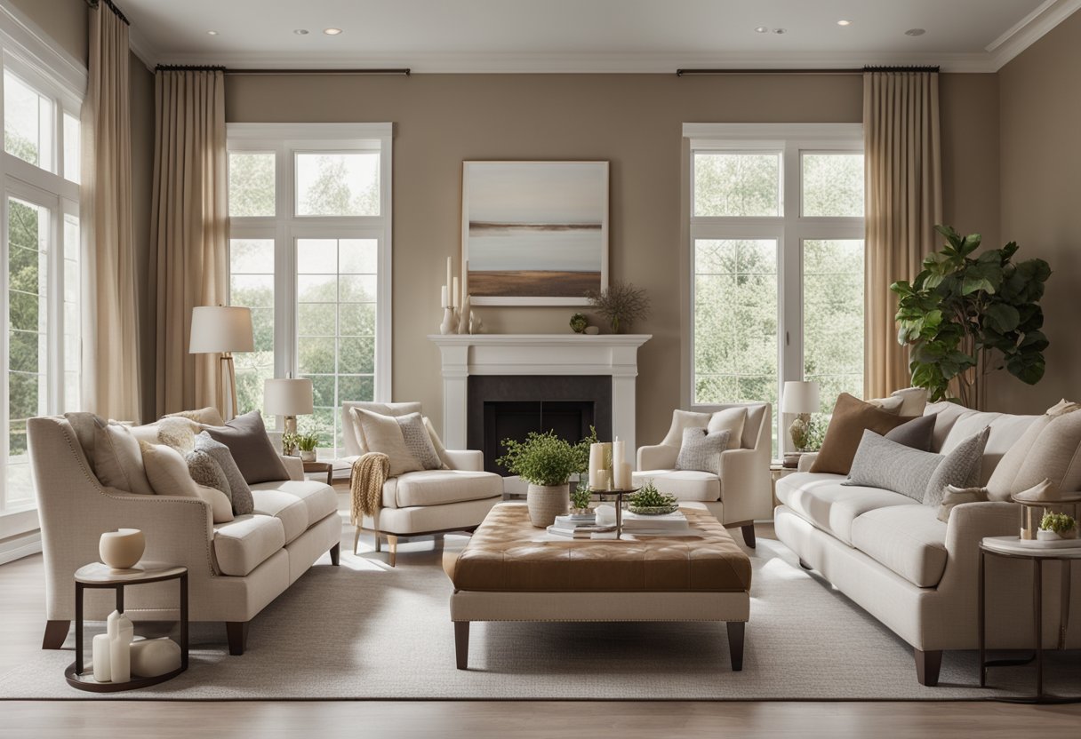 A spacious living room with large windows, a cozy fireplace, and elegant furniture arranged in a symmetrical layout. The room is filled with natural light, and the color scheme is a harmonious blend of soft neutrals and warm earth tones