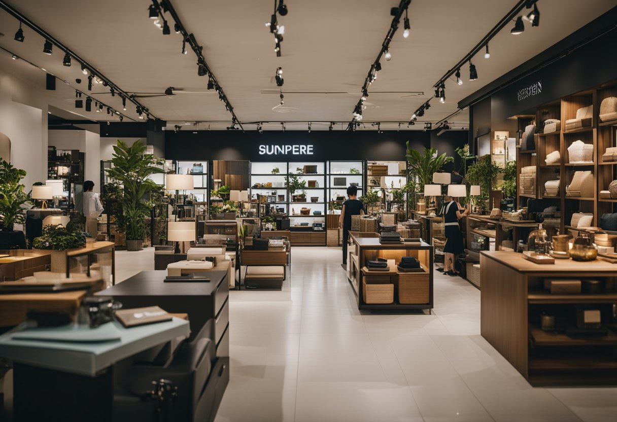 A bustling furniture shop in Singapore, filled with a variety of stylish and affordable pieces. Shoppers browse through neatly arranged displays, while friendly staff assist with inquiries
