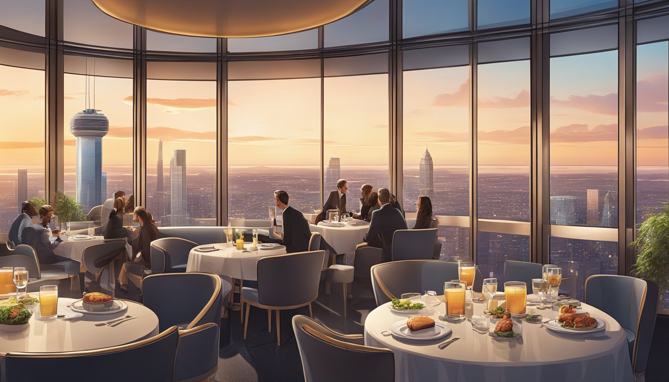The Prima Tower revolving restaurant overlooks a city skyline, with diners enjoying panoramic views as the restaurant slowly rotates