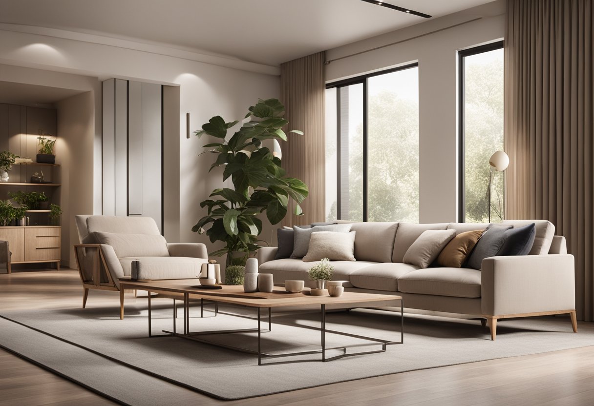 A spacious living room with modern furniture, warm lighting, and a neutral color palette. A large, cozy sofa sits opposite a sleek entertainment center, with decorative accents and plants adding a touch of elegance