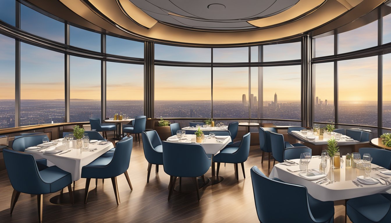 The Prima Tower revolving restaurant overlooks the city skyline, with diners enjoying panoramic views as the restaurant slowly rotates