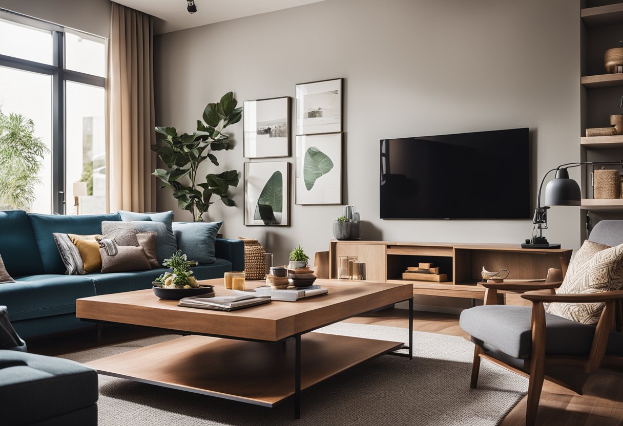 A cozy living room with modern furniture, warm lighting, and a large, inviting sofa. The walls are adorned with colorful artwork, and a stylish coffee table sits in the center of the room
