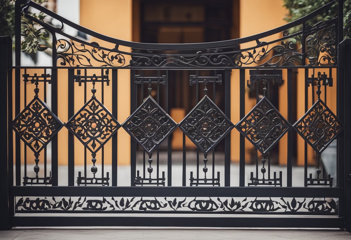 A decorative grill gate adorns a balcony, featuring intricate patterns and geometric designs