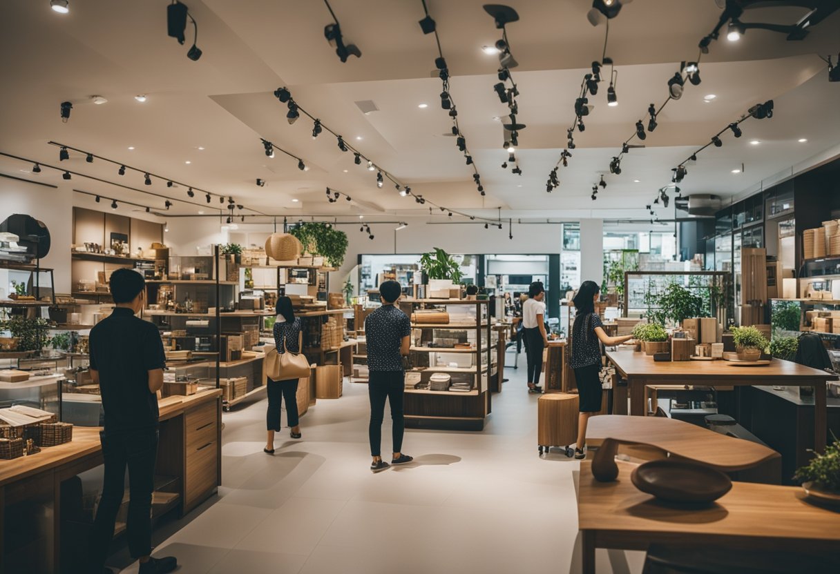 A bustling furniture shop in Singapore, with customers browsing through a wide selection of affordable and high-quality items