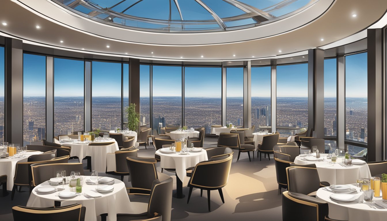 The revolving restaurant at Visitor Information Prima Tower overlooks the city skyline, with diners enjoying panoramic views as the restaurant slowly rotates