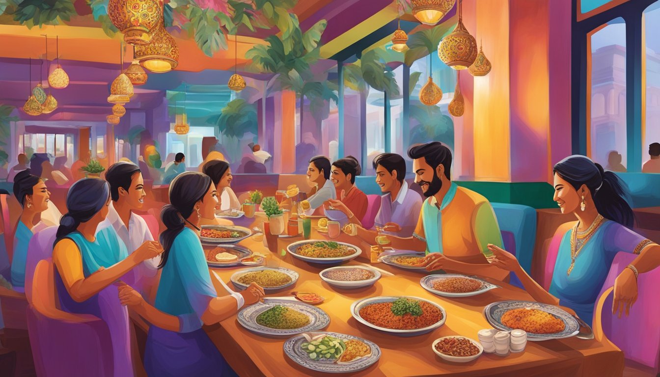 Customers enjoying colorful dishes at Clarke Quay Indian restaurant, with vibrant decor and aromatic spices creating a lively and inviting atmosphere