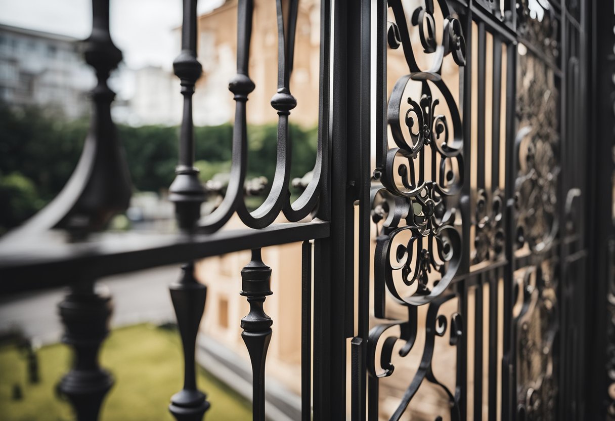 A metal grill gate with intricate scrollwork adorns a balcony, showcasing various materials and styles for exploration