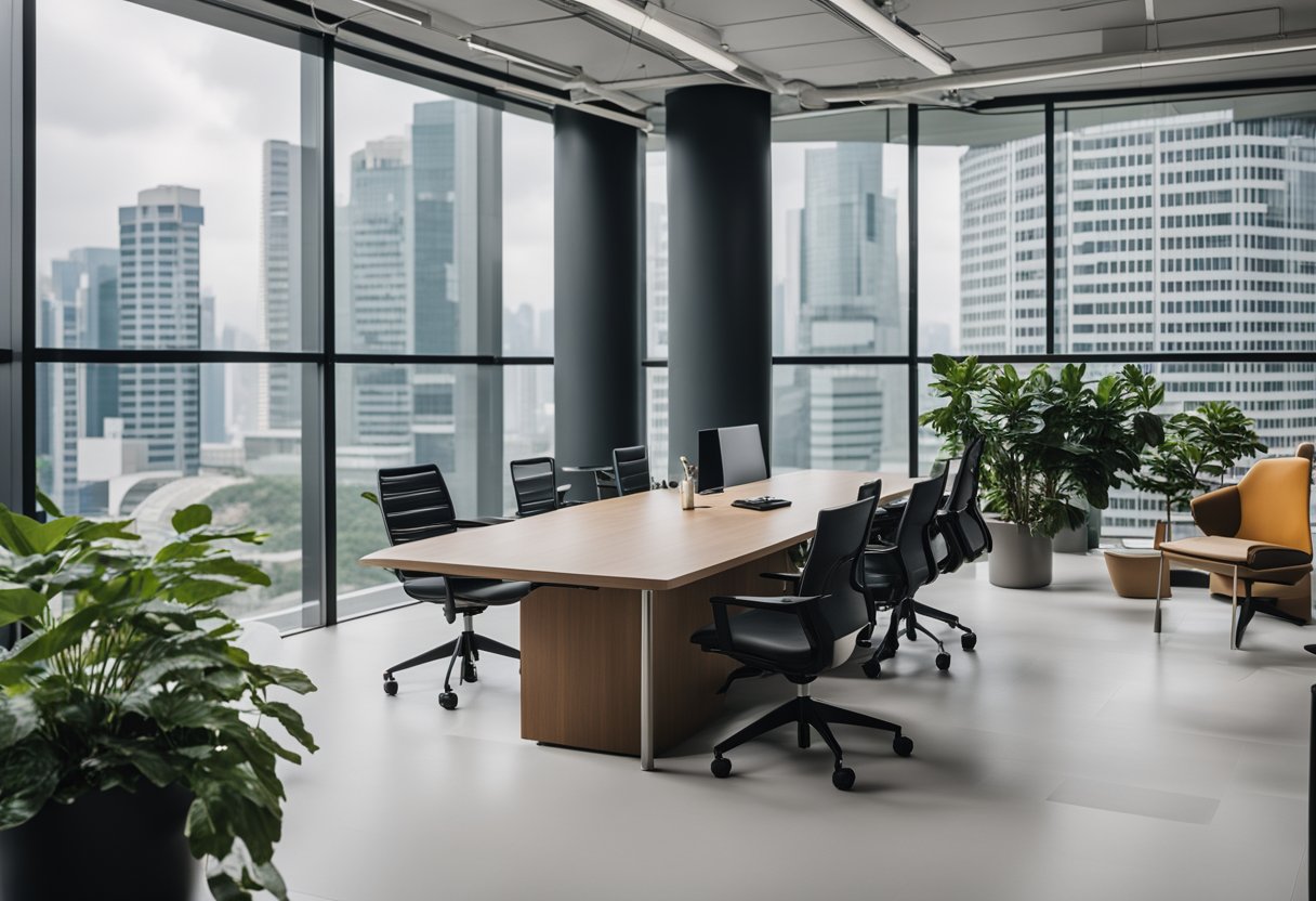 A modern office space in Singapore features sleek and stylish Knoll furniture, with clean lines and a minimalist aesthetic
