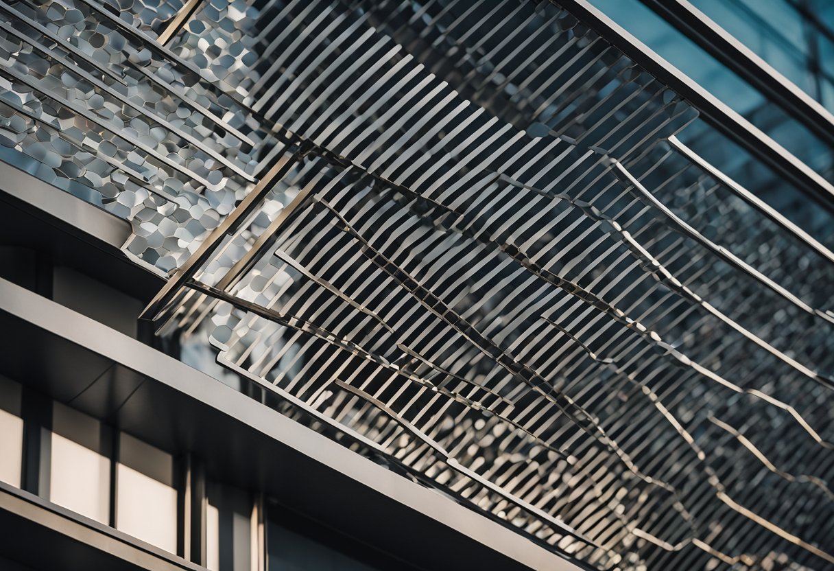 A modern, sleek balcony grill with geometric patterns and clean lines. The design features a combination of metal and glass for a contemporary look