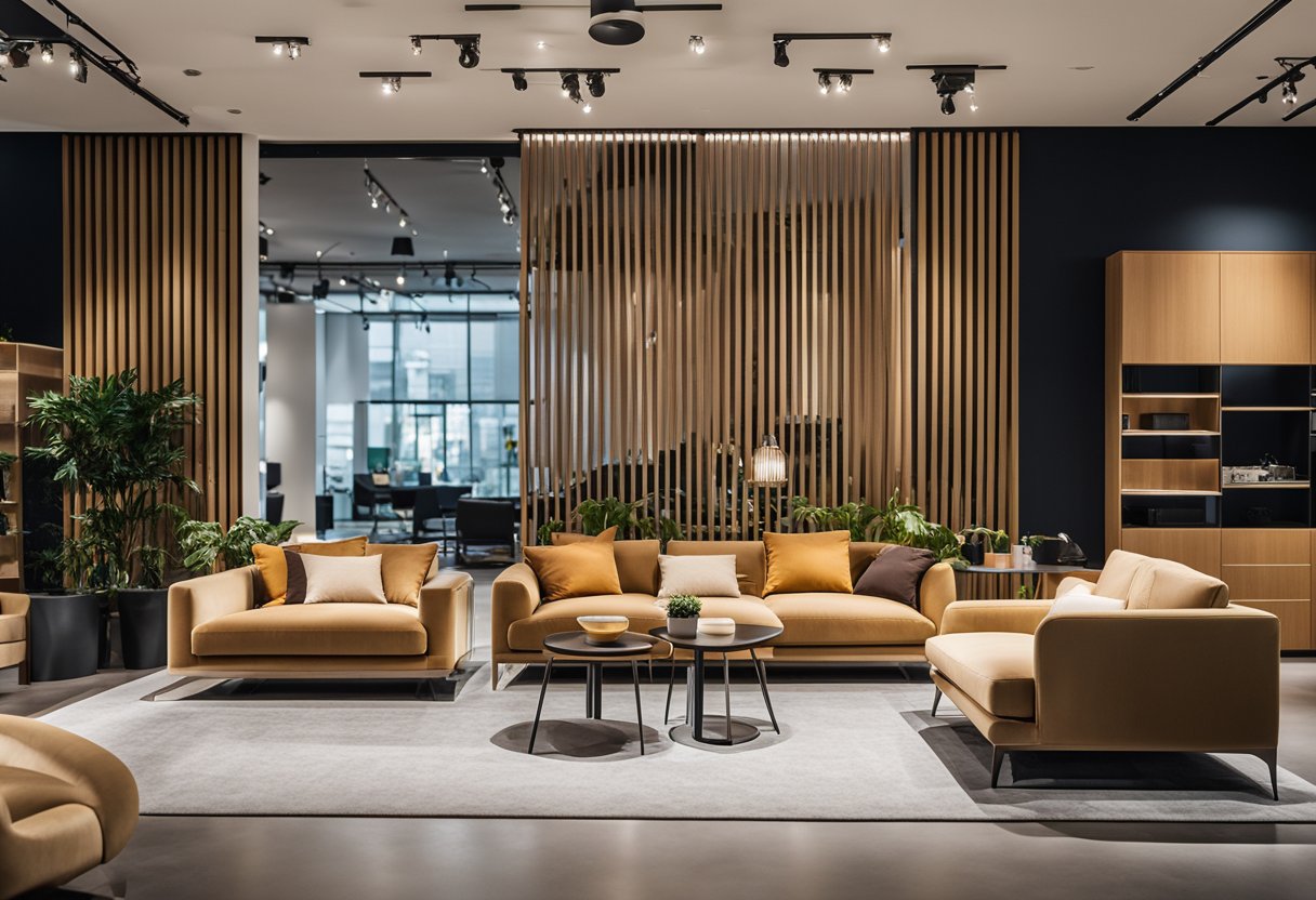 A modern furniture showroom in Singapore, showcasing sleek and stylish designs with clean lines and bold colors. Displays include sofas, tables, and chairs arranged in a spacious and well-lit setting