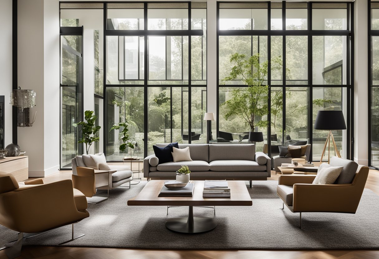 A modern living room with sleek Knoll furniture, featuring iconic designs and clean lines. Bright natural light streams through large windows, illuminating the elegant pieces