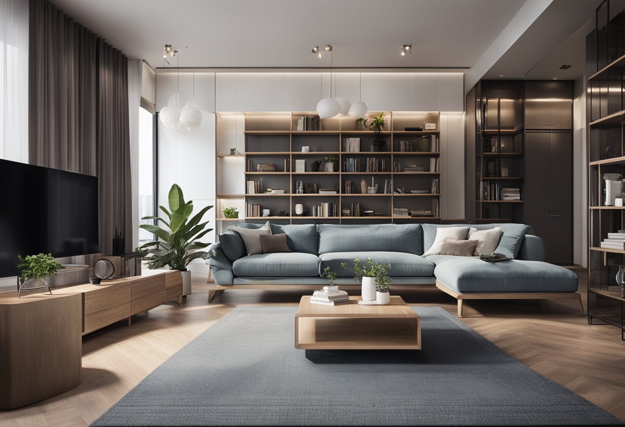 A modern living room with sleek Rozel furniture, featuring a comfortable sofa, stylish coffee table, and elegant bookshelf
