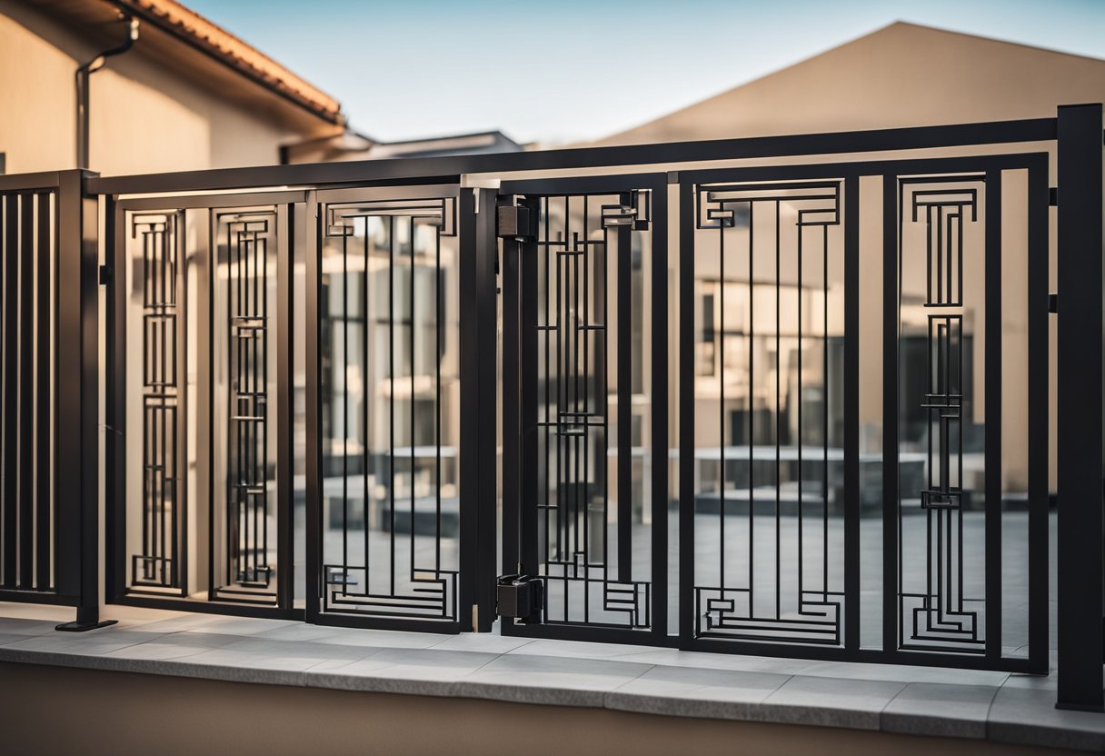 A modern, sleek grill gate design for a balcony, featuring clean lines and geometric patterns, with a polished metal finish