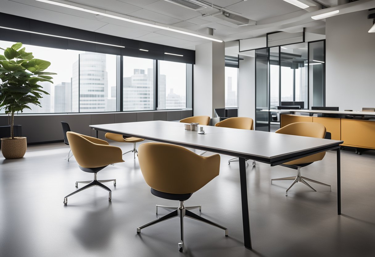 A modern office space with sleek Knoll furniture, including iconic chairs and tables, set against a backdrop of clean lines and minimalist design
