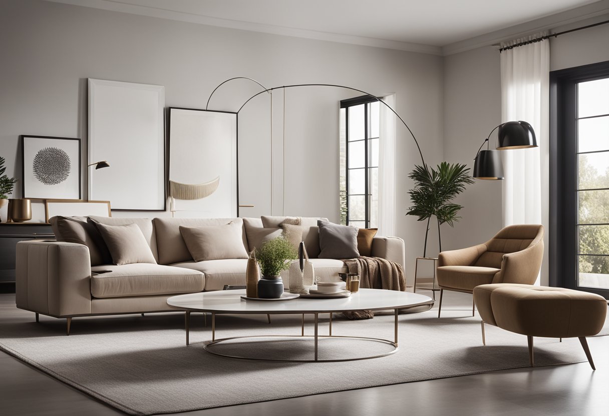 A modern living room with sleek Rozel furniture, clean lines, and a minimalist design. A warm and inviting space with a touch of sophistication