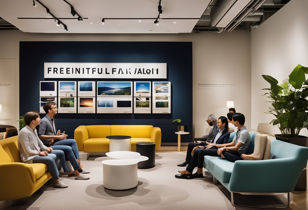 A group of people gathered around a display of Knoll furniture in a bright and modern showroom in Singapore, with a sign reading "Frequently Asked Questions" prominently displayed