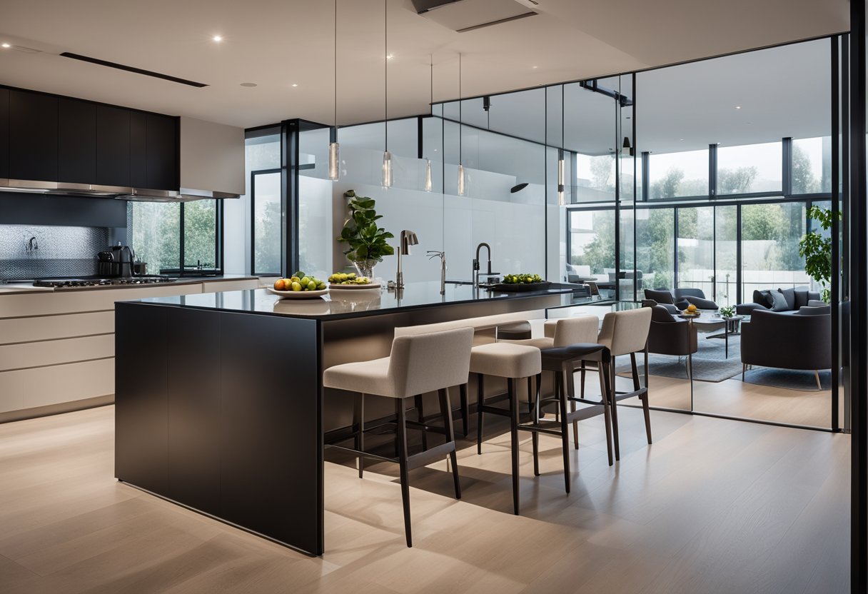 A modern kitchen with a sleek, glass partition separating the cooking area from the dining space. The partition features a minimalist design with clean lines and subtle frosted accents for privacy